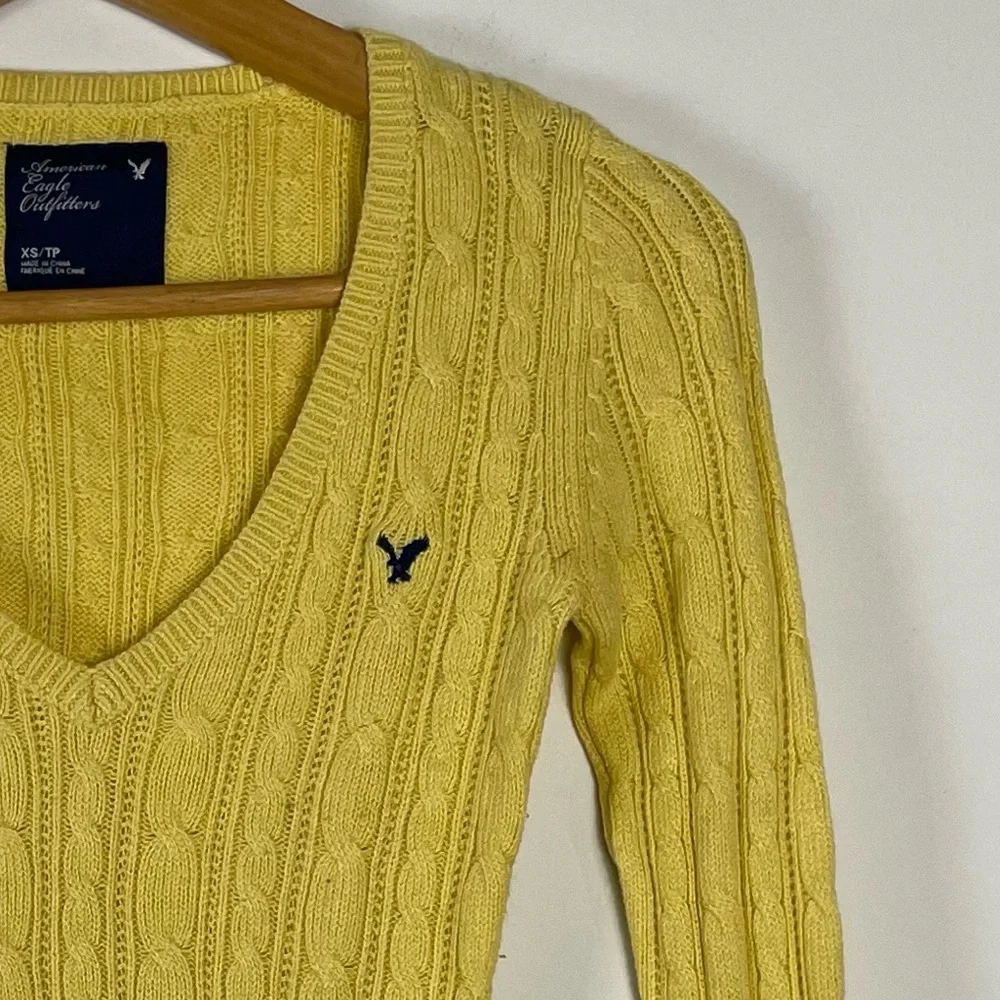 Vintage‎ Y2K American Eagle Sweater Women XSmall Cable Knit V Neck Slim Longline - Picture 5 of 10